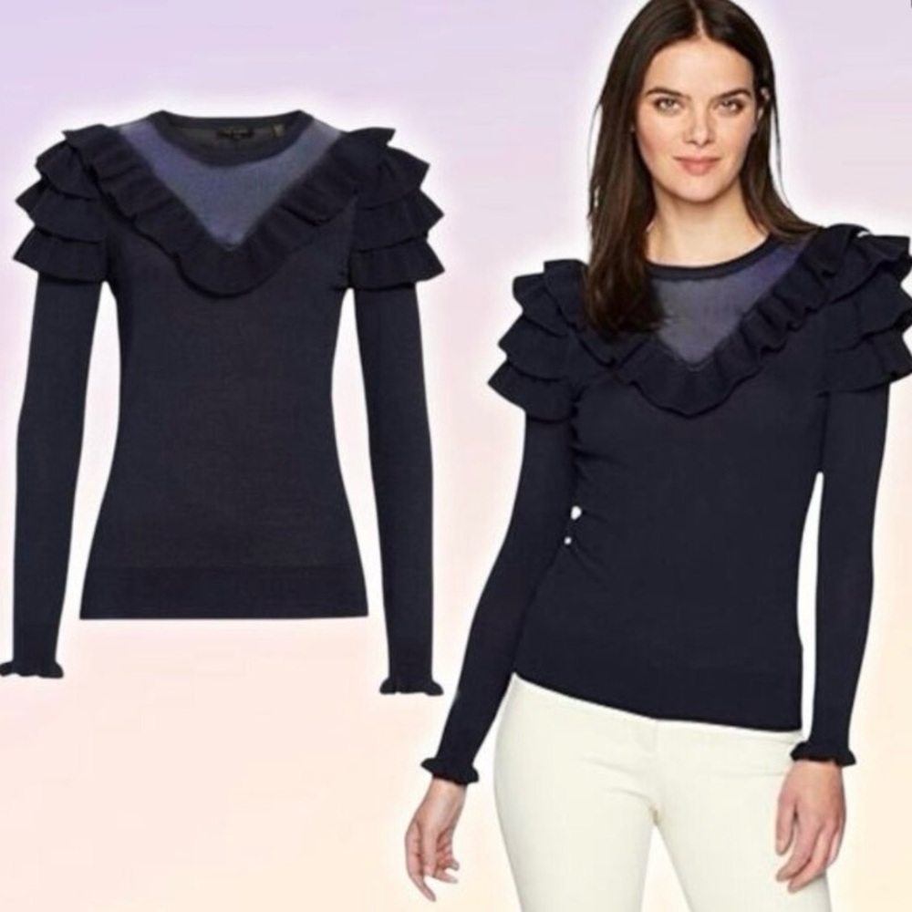 TED BAKER London Hellgar Satin Contrast Ruffle Sweater Sz 2